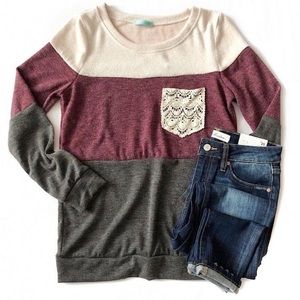 Soft lace pocket sweater - ivory, plum/wine, gray, color block, size small